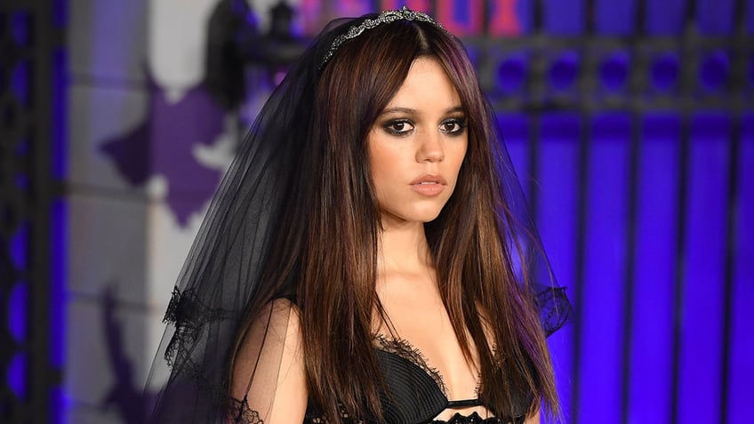 Jenna Ortega in a black veil and dress at the "Wednesday" premiere