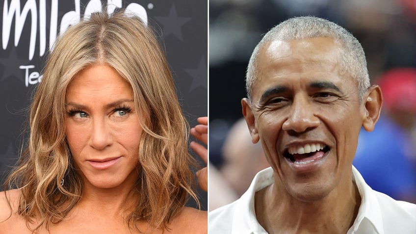 Jennifer Aniston in a black strapless dress smirks and plays with her hair while looking to her left split Barack Obama laughs while attending a basketball game