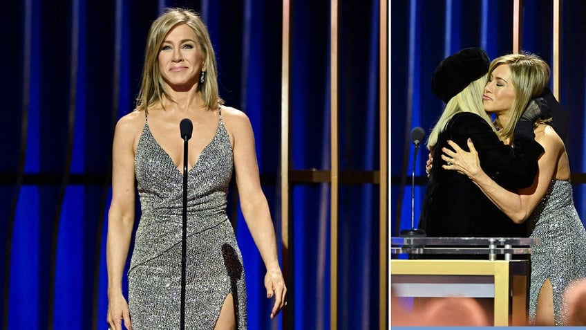 Jennifer Aniston on stage side by side a photo of her hugging Barbra Streisand