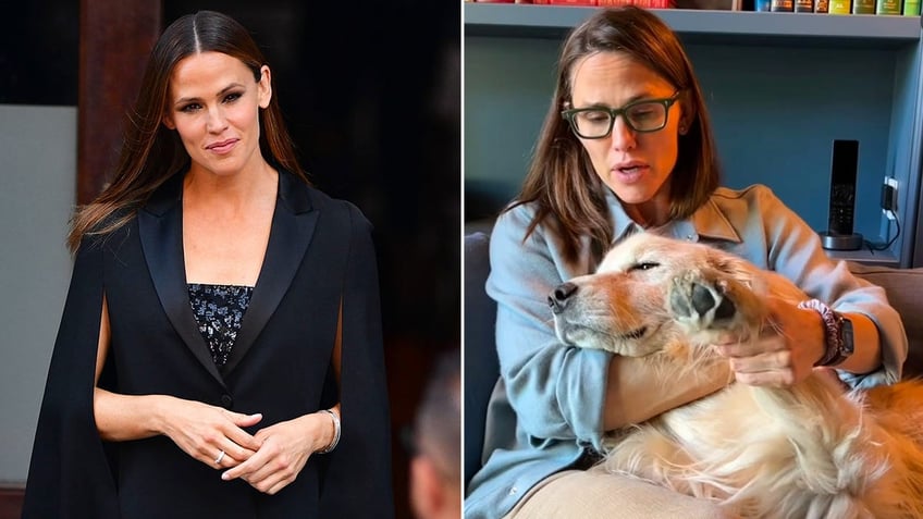 Side by side photos of Jennifer Garner walking on New York City street and Jennifer Garner cuddling dog, Birdie