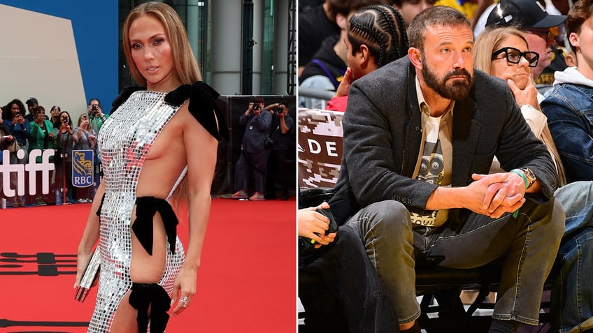 Side by side photos of Jennifer Lopez on a red carpet and Ben Affleck in the stands at a basketball game