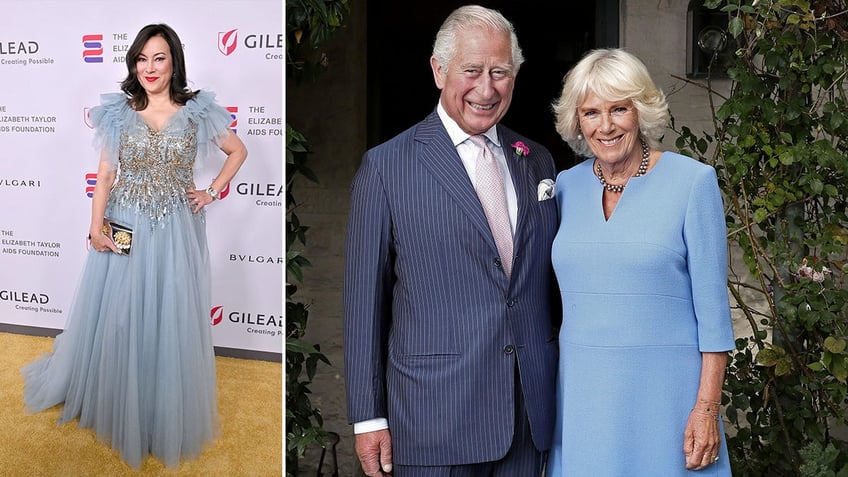 Side by side photos of Jennifer Tilly and King Charles III with Queen Camilla