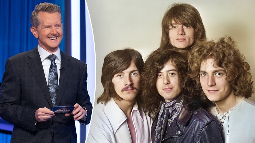 A split image of Ken Jennings and Led Zeppelin