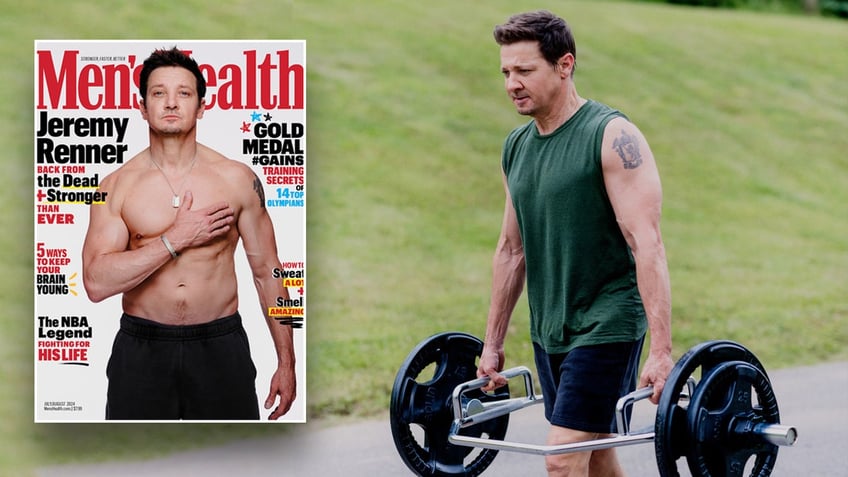 Jeremy Renner carries weights and goes shirtless for Men's Health
