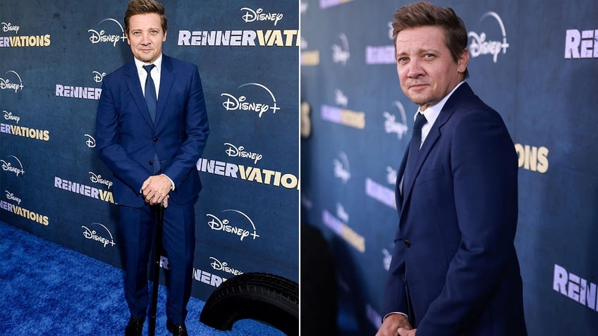 Jeremy Renner wears a blue suit and uses a cane at the premiere of "Rennervations."