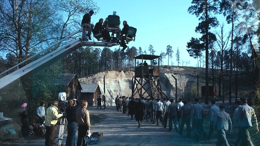 A film set outdoors filming "The Day the Clown Cried"