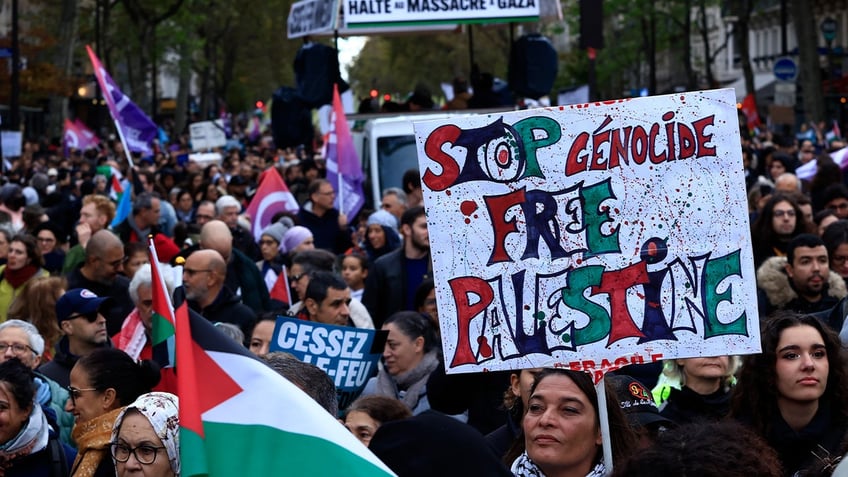 Protesters hold placards and Palestinian flags