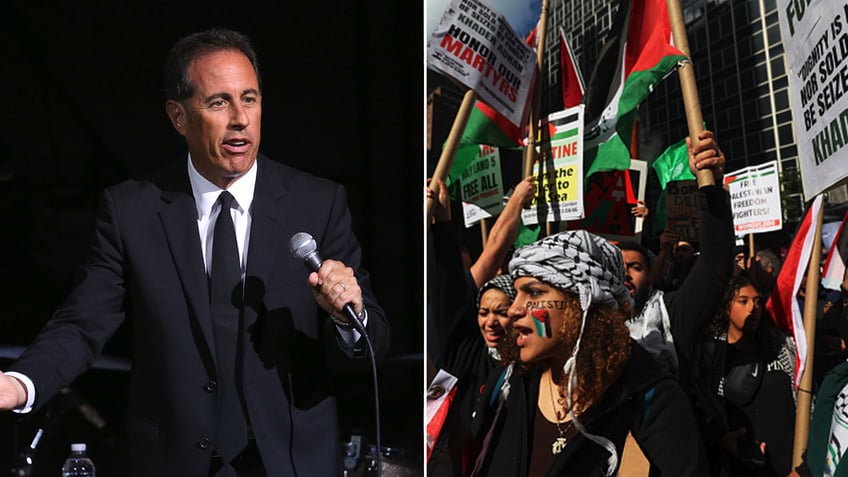 Jerry Seinfeld next to pro-Palestinian protesters