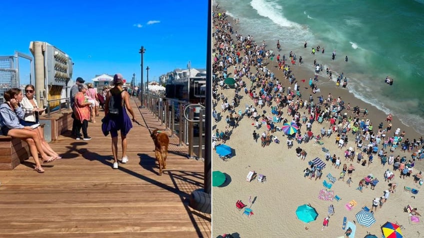 A pier in Margate City, New Jersey and an aerial view of a beach