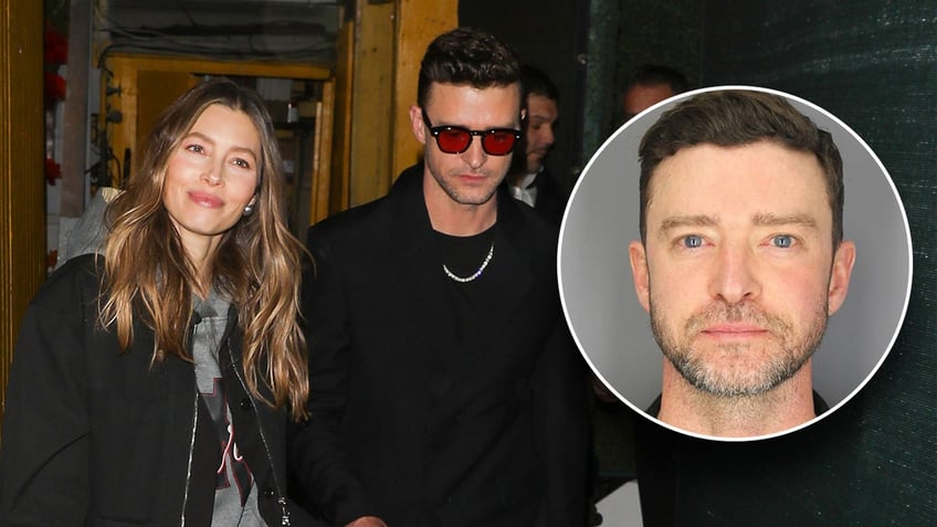 Jessica Biel and Justin Timberlake at his concert alongside a photo of his mugshot