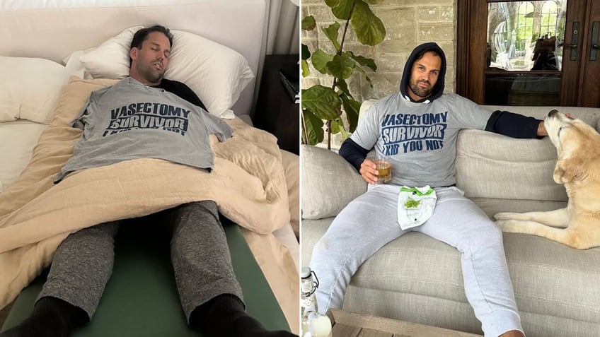 Eric Decker sleeps with a shirt saying 'Vasectomy Survivor I Kid You Not' split Eric Decker ices his private areas while he enjoys a drink