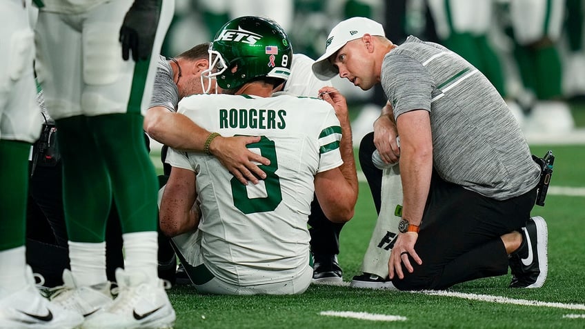 jets robert saleh says aaron rodgers believed to have suffered achilles injury its not good