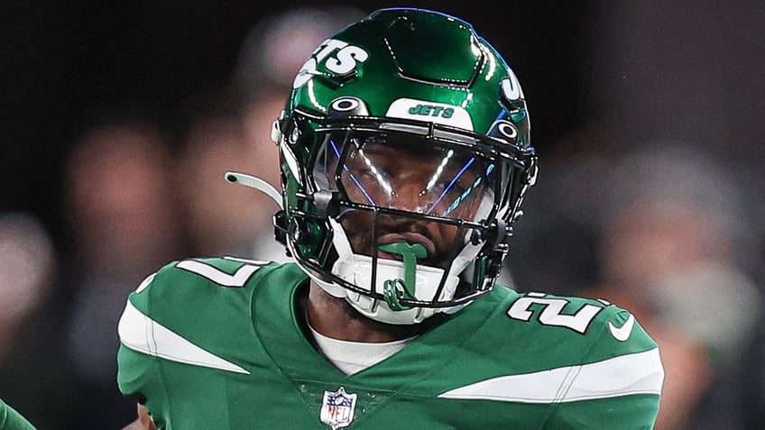 Philadelphia Eagles wide receiver A.J. Brown, #11, catches the ball as New York Jets cornerback Tae Hayes, #27, defends during the second half at MetLife Stadium in East Rutherford, New Jersey, on Oct. 15, 2023.