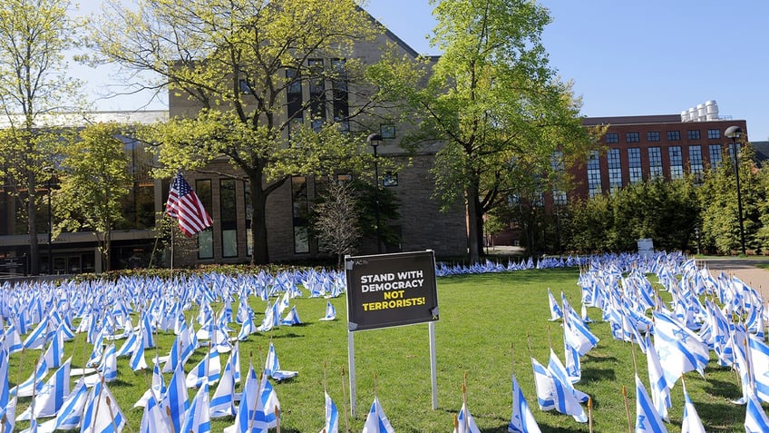 Israeli flags at lawn at Harvard University