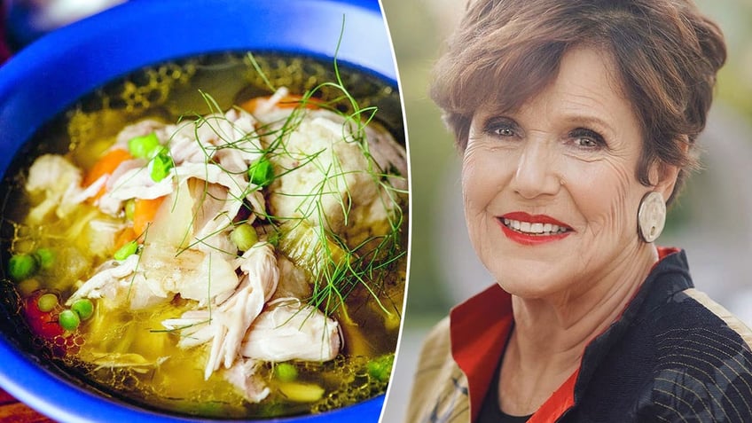 A split image of a bowl of matzoh ball soup topped with shredded chicken and dill. On the other side is a photo of Joan Nathan, cookbook author