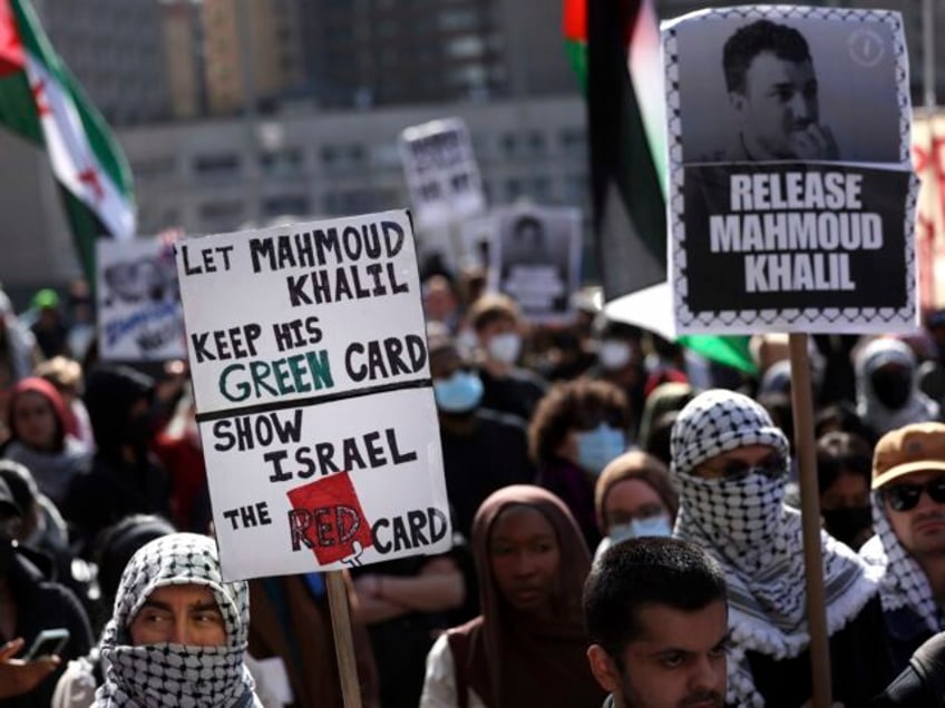 Protesters rally in support of detained Palestinian activist Mahmoud Khalil, Friday, March