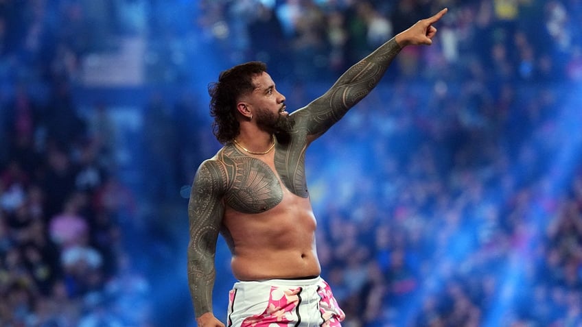 Jey Uso celebrates winning the Royal Rumble