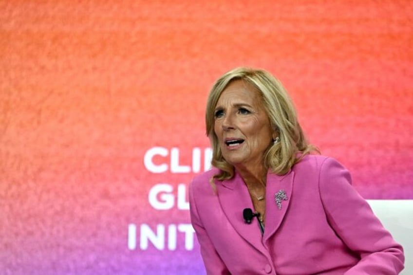 US First Lady Jill Biden speaks during the Clinton Global Initiative annual meeting in New