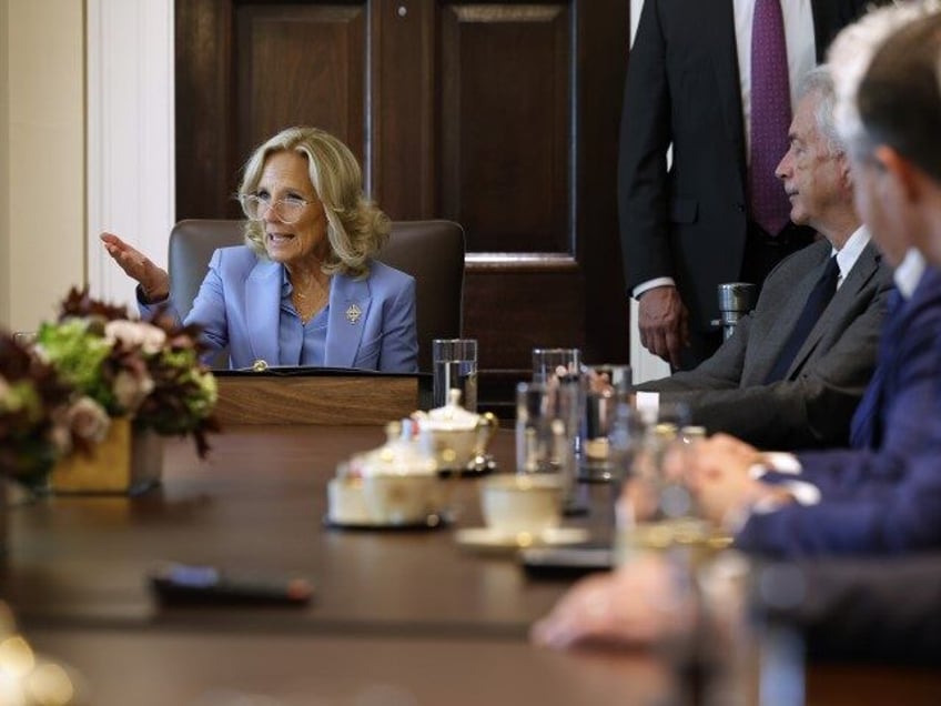 U.S. first lady Jill Biden speaks while attending her first cabinet meeting during her hus