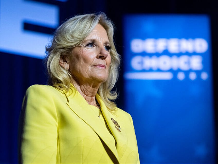 US First Lady Jill Biden speaks during a campaign rally to Restore Roe at Hylton Performing Arts Center in Manassas, Virginia, on January 23, 2024. Protesters chanting slogans against Israel's offensive in Gaza repeatedly interrupted US President Joe Biden on Tuesday during an election campaign event to promote abortion rights. …