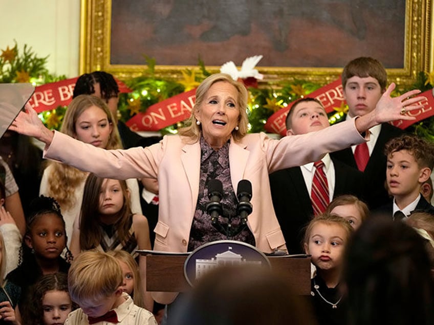 First lady Jill Biden speaks during an event with military families in the State Dining Ro