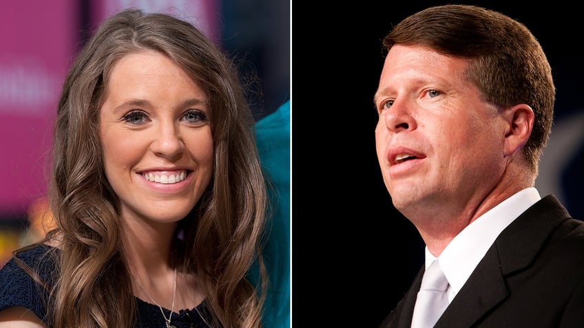 A split side-by-side image of Jill Duggar and Jim Bob Duggar