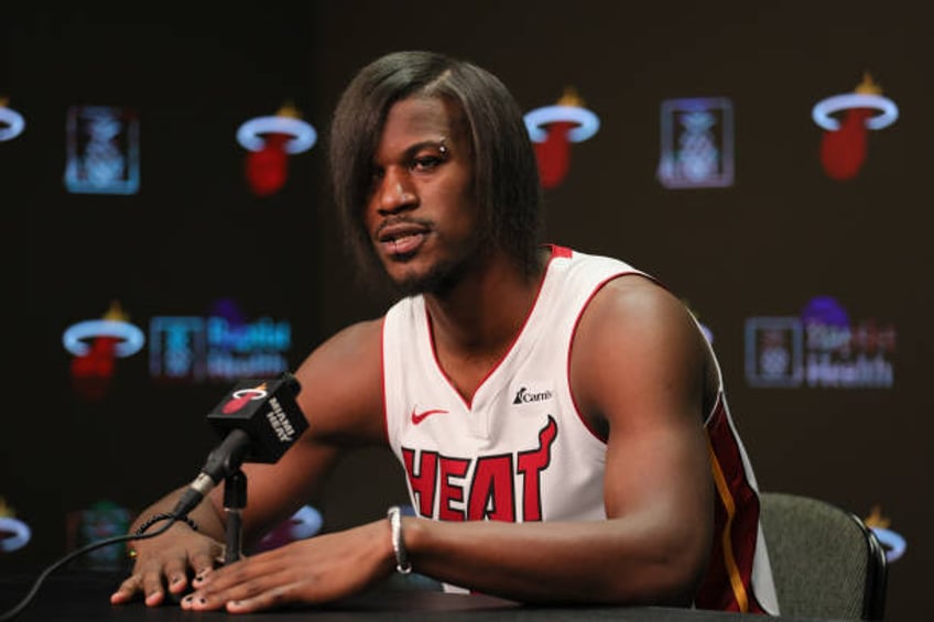 jimmy butler shows up for heat media day with painted nails new hairdo lip nose eyebrow rings