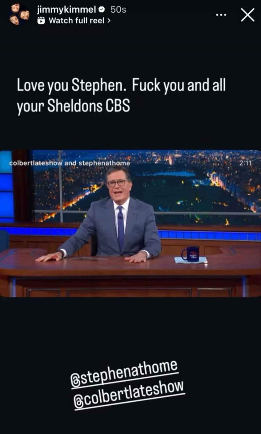jimmy kimmel lashes out at cbs for canceling colbert fk you