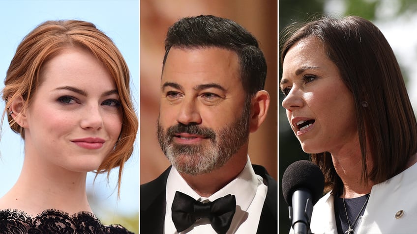 Emma Stone, Jimmy Kimmel and Katie Britt split image