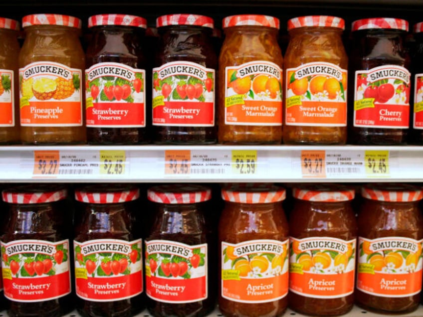 Smucker's preserves and marmalades are displayed in an Associated Supermarket in New
