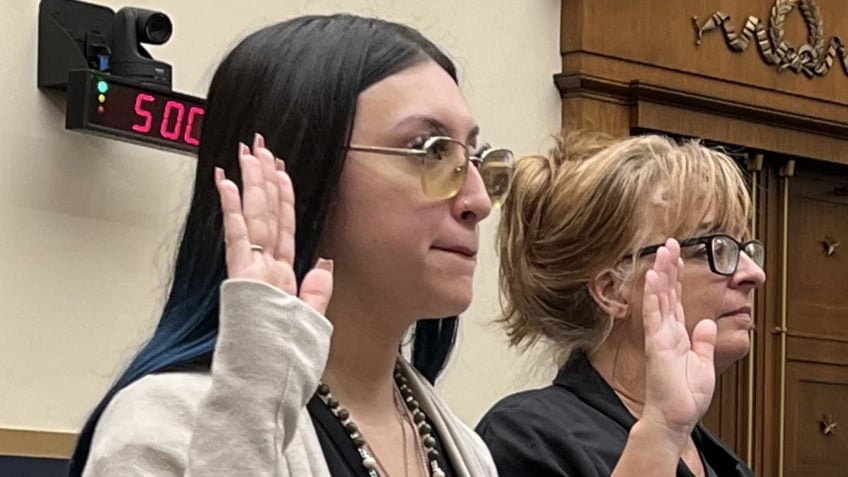 Alexis Nungaray and Patty Morin raise their right hands before testifying before a congressional hearing on Capitol Hill