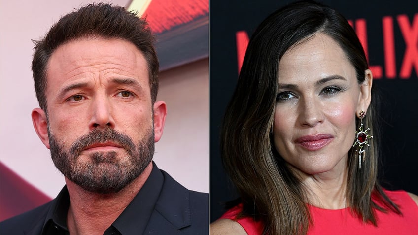 Ben Affleck looks to his left on the carpet slit Jennifer Garner in red looks to her right on the carpet