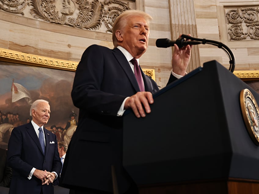 WASHINGTON, DC - JANUARY 20: U.S. President Donald Trump speaks as former U.S. President J