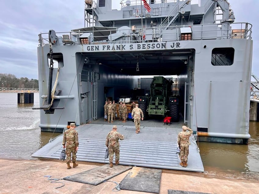 In this photo provided by U.S. military's Central Command, U.S. Army Vessel (USAV) General Frank S. Besson (LSV-1) from the 7th Transportation Brigade (Expeditionary), 3rd Expeditionary Sustainment Command, XVIII Airborne Corps, prepare to departs Joint Base Langley-Eustis, Va., Saturday, March 9, 2024, en route to the Eastern Mediterranean less than 36 hours after President Biden announced the U.S. would provide humanitarian assistance to Gaza by sea. (U.S. Central Command via AP)