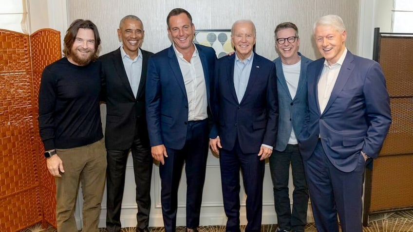 Former President Joe Biden is taking his act to Hollywood. FILE: Actor Sean Hayes poses with former Presidents Biden, Barack Obama and Bill Clinton, along with fellow actors Jason Bateman and Will Arnett.