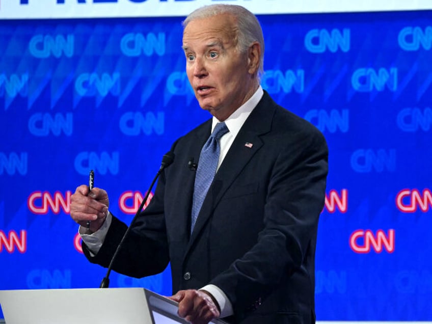 US President Joe Biden speaks as he participates in the first presidential debate of the 2