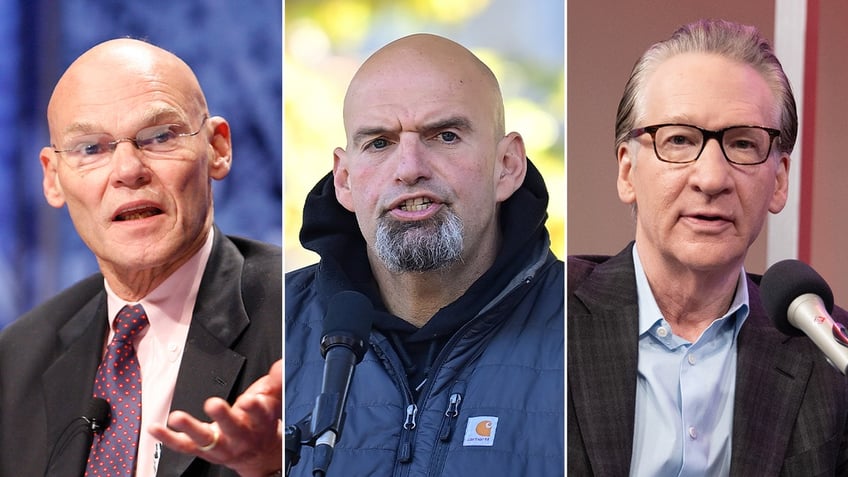 James Carville, John Fetterman and Bill Maher (L.to r.) are three Democrats who have warned the party not to become unhinged over President Trump.