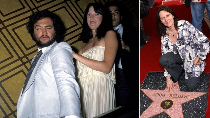 Side by side photos of John Belushi and Judy Belushi-Pisano together and Judy Belushi-Pisano at his Walk of Fame star