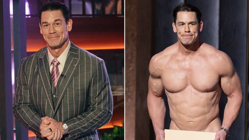 photo of John Cena in a suit next to photo of John Cena shirtless