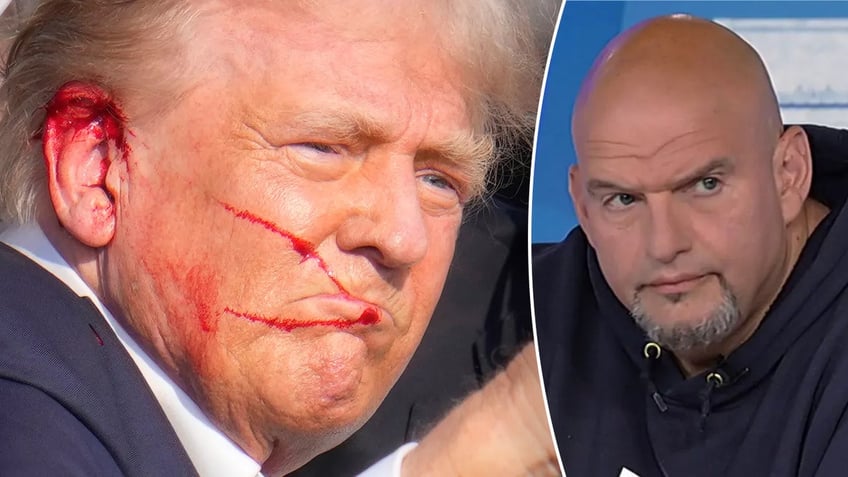 Trump with blood on ear face next to Sen. John Fetterman