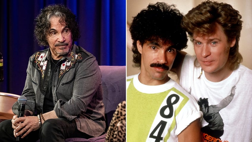 Side by side photos of John Oates and John Oates with Daryl Hall in the 80s