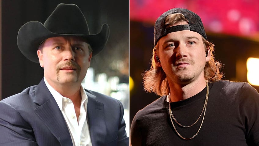 john rich looking into the camera/morgan wallen on stage