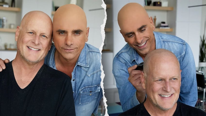 A bald Dave Coulier smiles in a black t-shirt alongside John Stamos, donning a bald cap wearing a jean shirt split John Stamos shaves Couliers hair