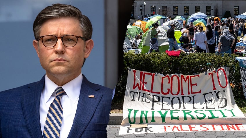 A split image of Speaker Mike Johnson and the Gaza ceasefire tent encampment at Columbia University