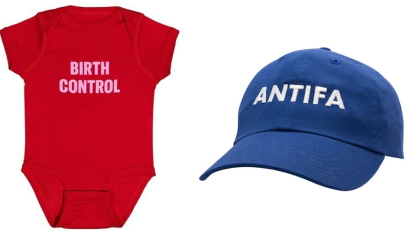 Images of Crooked Medias products, a baby onesie and a "Dad" hat