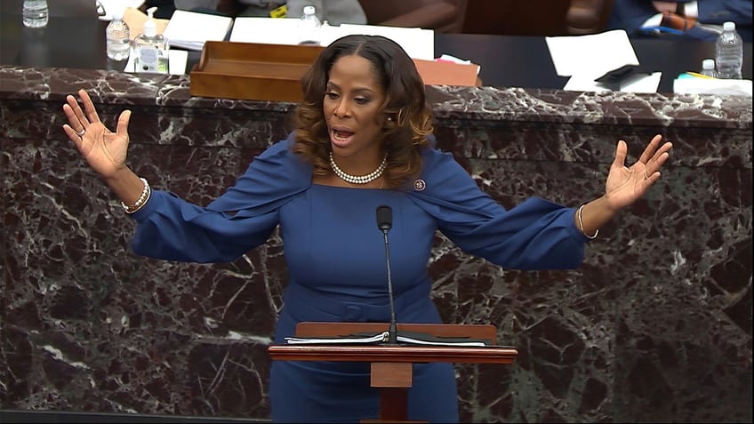 In this image from video, Del. Stacey Plaskett, D-Virgin Islands, speaks during the second impeachment trial of former President Trump at the U.S. Capitol, Feb. 10, 2021. (Senate Television via AP)