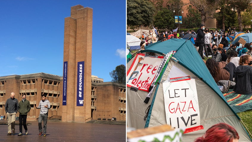 University of Washington (UW) in Seattle and protestors split image