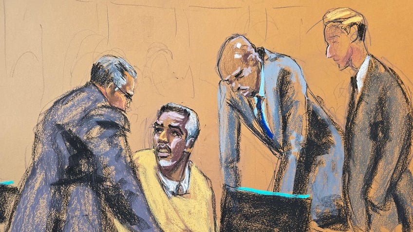 Sketch of P. Diddy and lawyers in court.