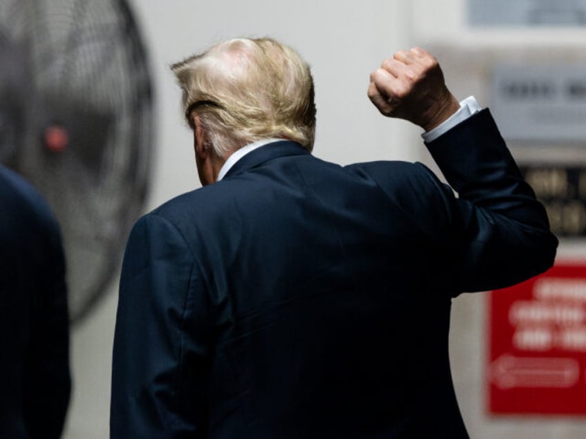 NEW YORK, NEW YORK - MAY 30: Former U.S. President Donald Trump gestures to the media as h