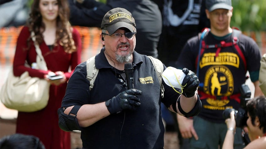 Oath Keepers founder, Stewart Rhodes, speaks during the Patriots' Day Free Speech Rally in Berkeley, California, on April 15, 2017.